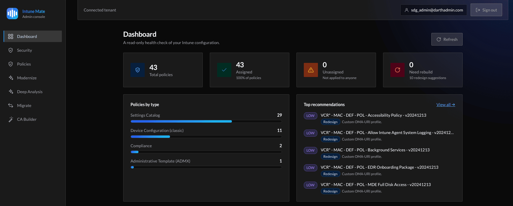 Intune Mate dashboard showing policy coverage and prioritised recommendations. Preview.