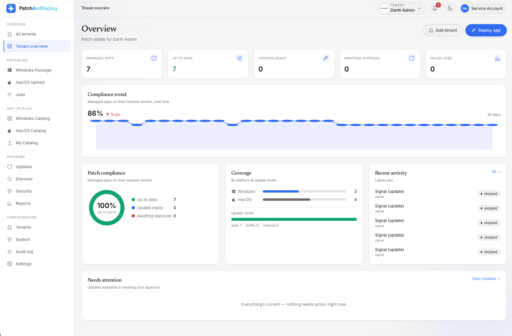 PatchAndDeploy tenant overview with patch compliance, coverage and recent activity. Preview.