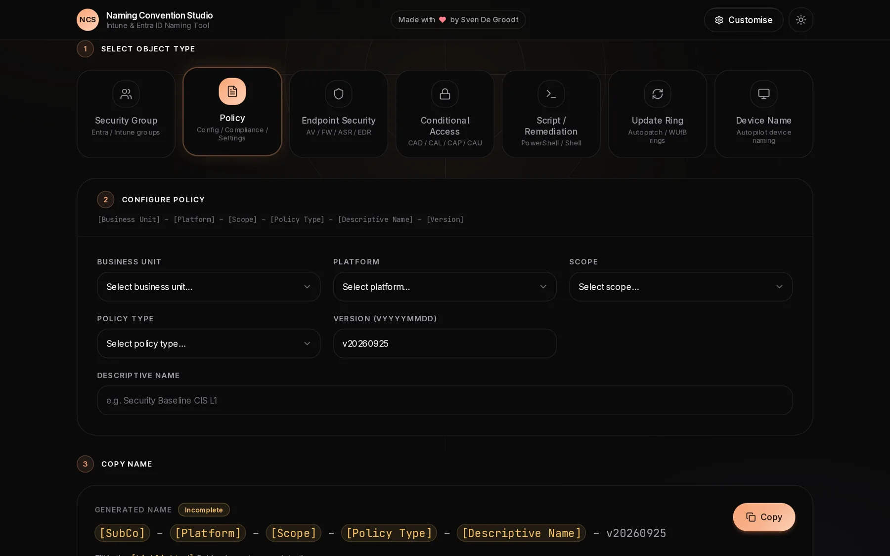 Naming Convention Studio: choose an object type, fill in the parts and copy the generated name.